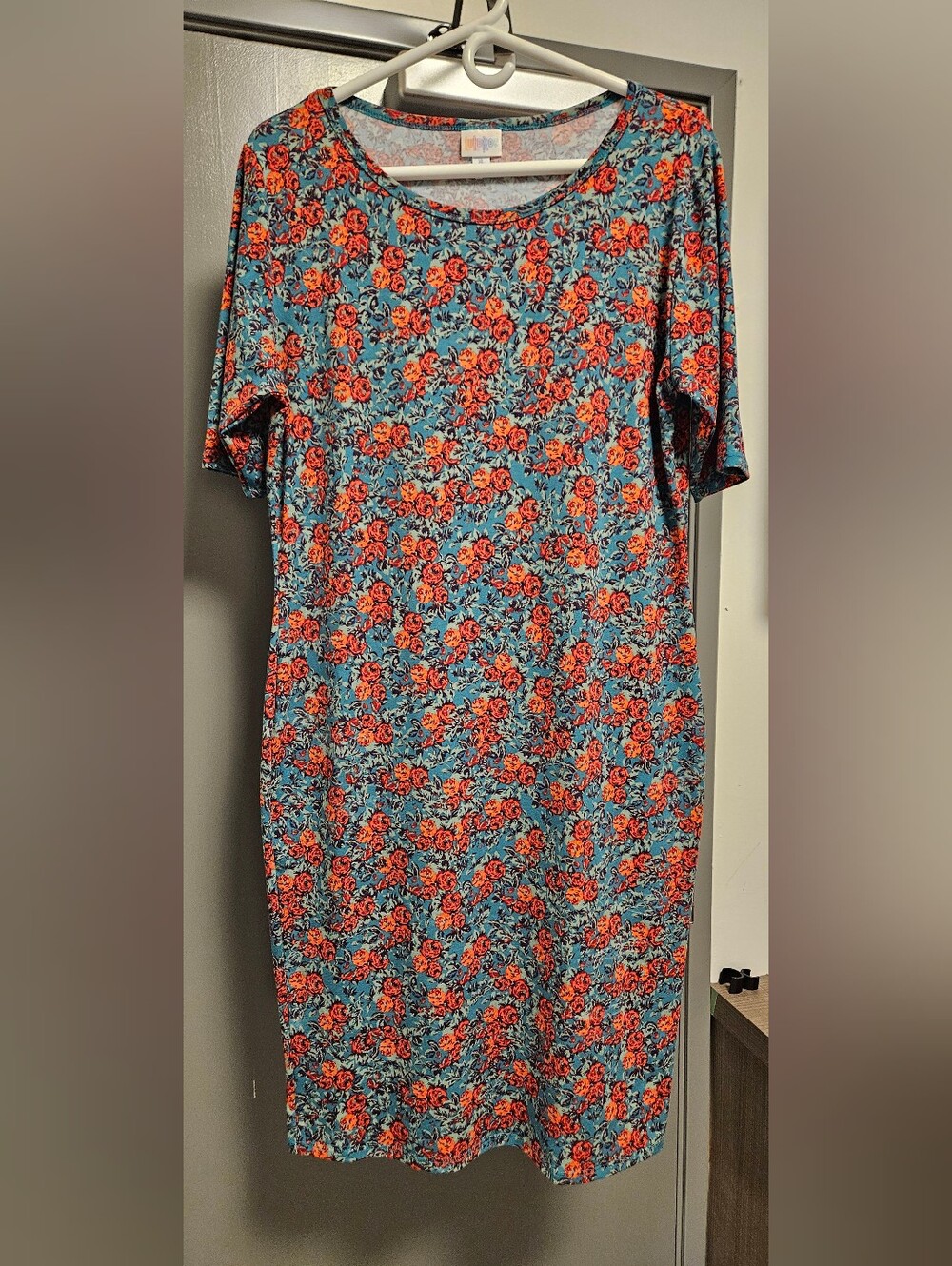 LuLaRoe Teal Short-Sleeve Midi Dress with Orange Rose Floral Print. Cottage